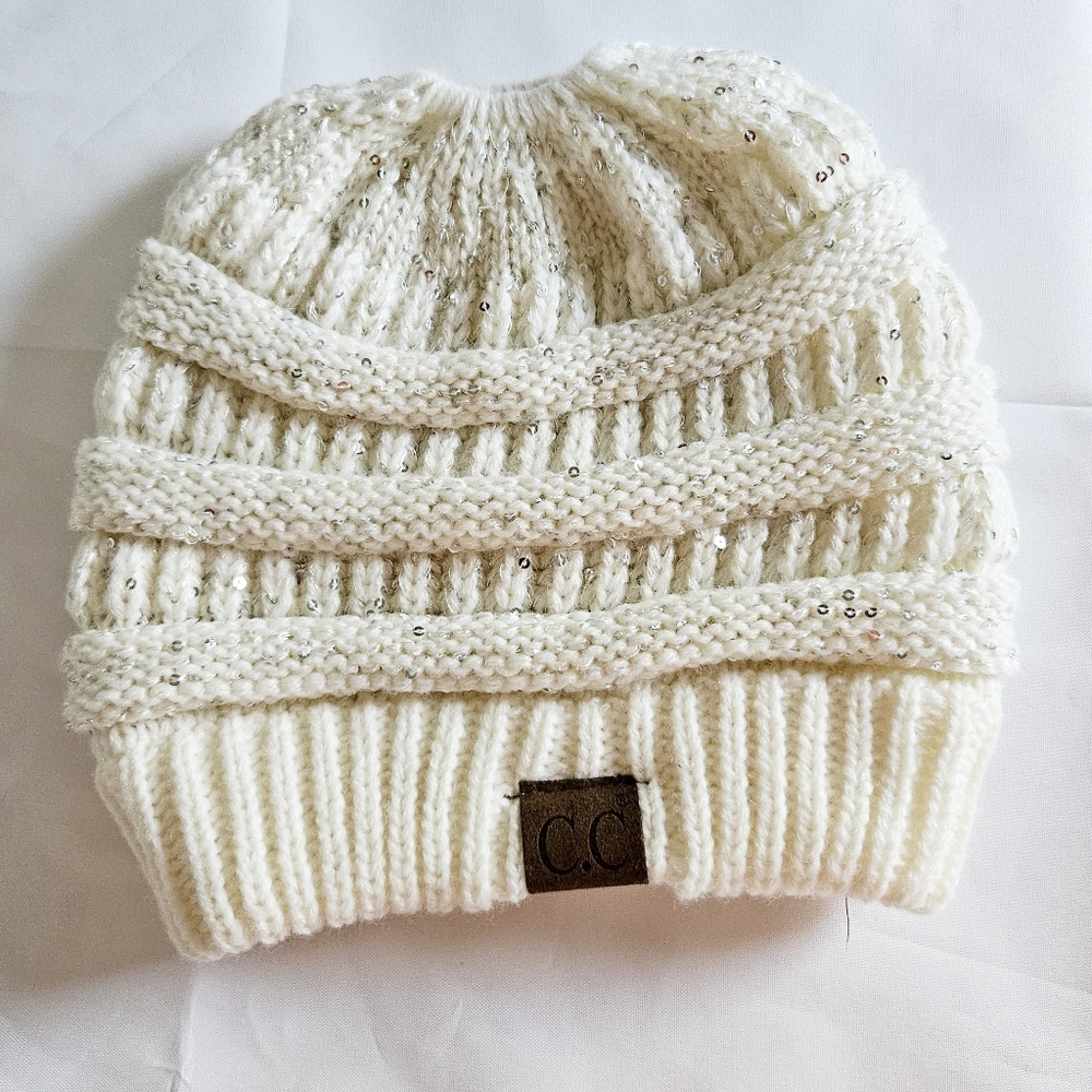 C.C Exclusives Beanie Tail Ponytail Ivory Sequins